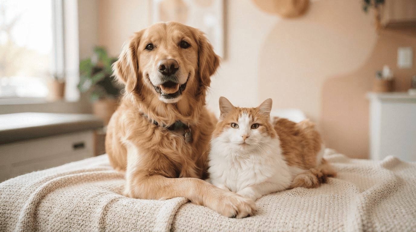 Cão e gato acolhidos com carinho no Hospital Veterinário Na Praia